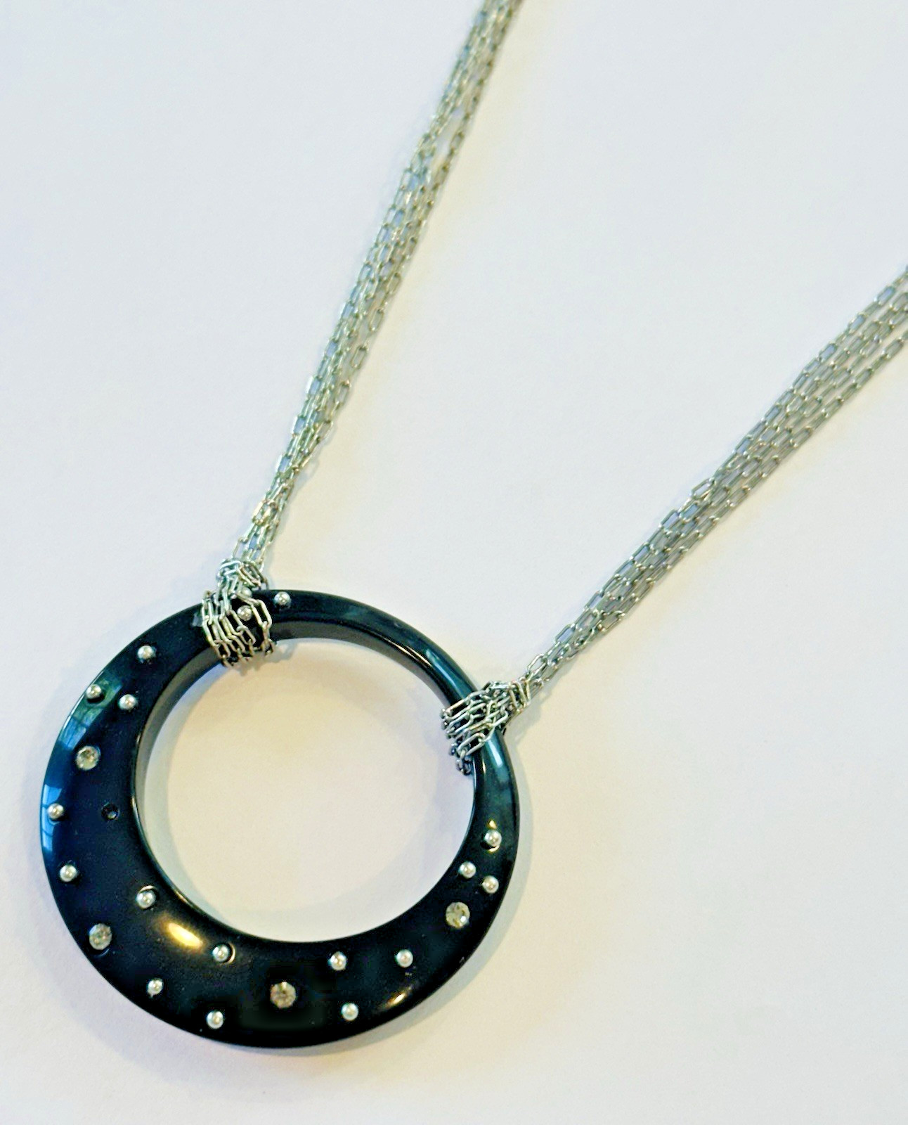 Lia Sophia Black Circle Pendant Necklace Silver Tone Multi Strand Chain
