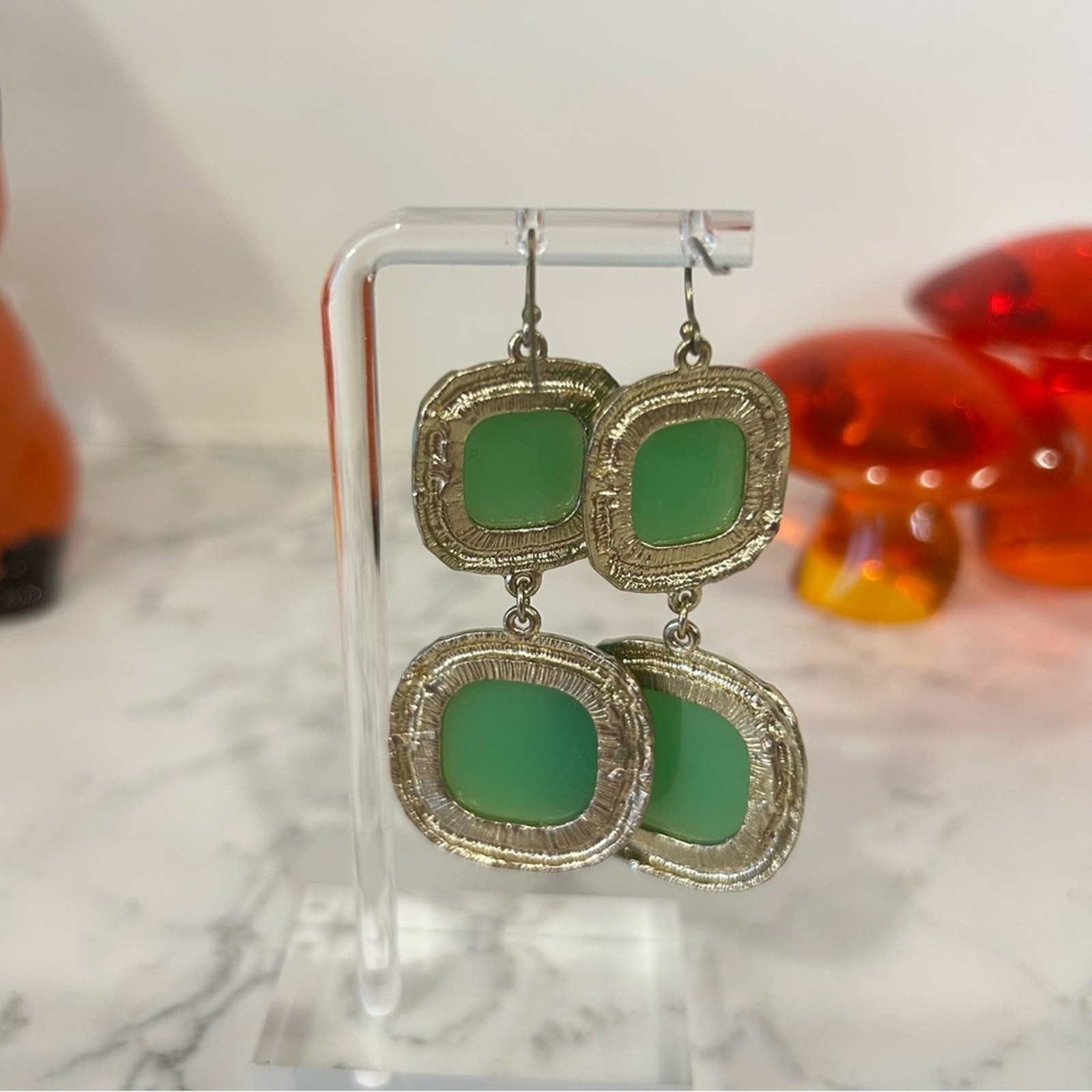 Double Square Teal Green Blue Dangle Earrings