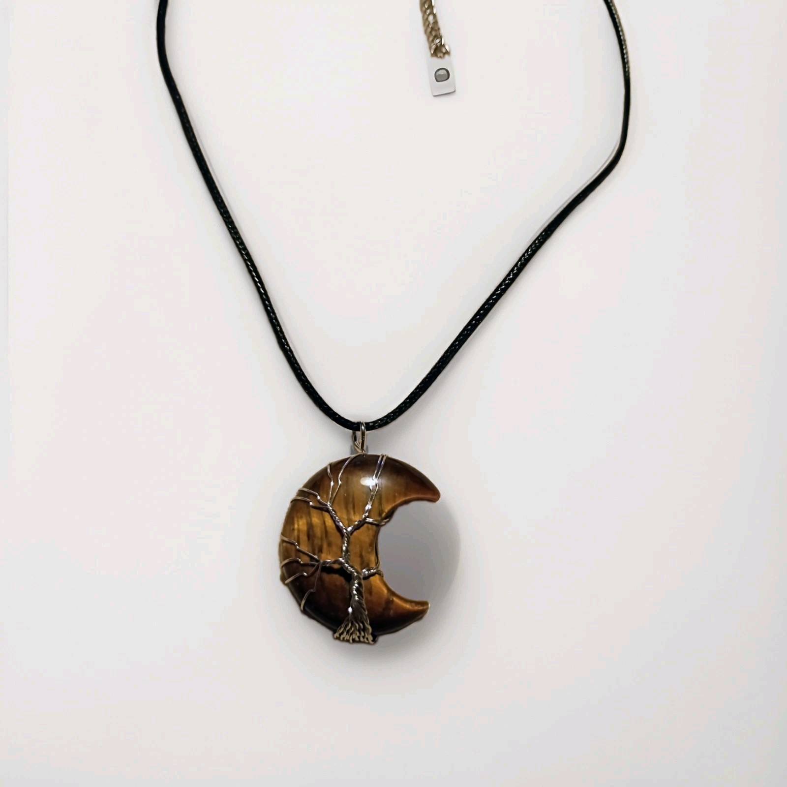 Tiger’s Eye Tree of Life Crescent Moon Pendant Necklace Black Cord