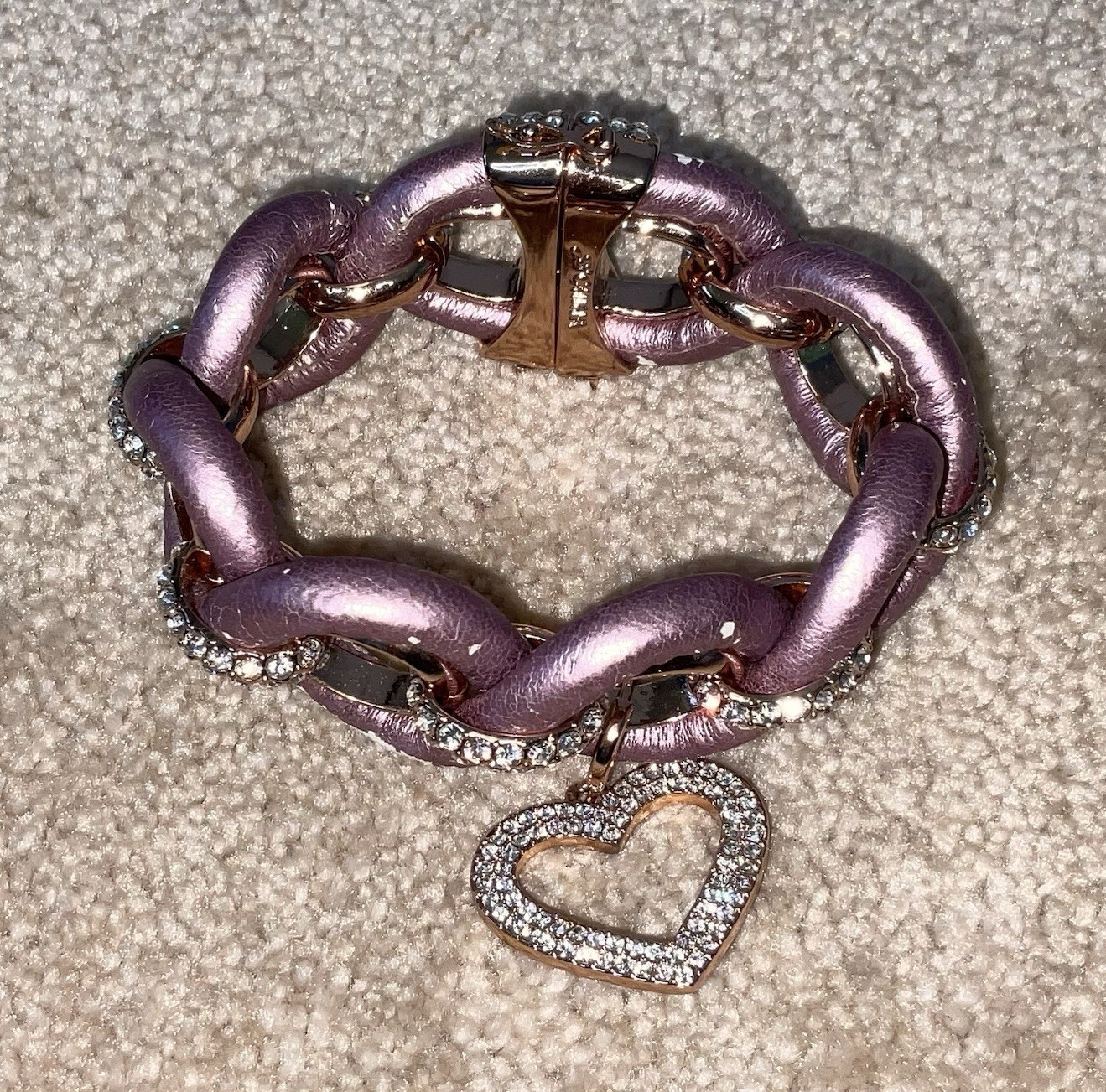 Purple & Gold Fabric Oval Link Chain Bracelet Crystal Heart Dangle Toggle