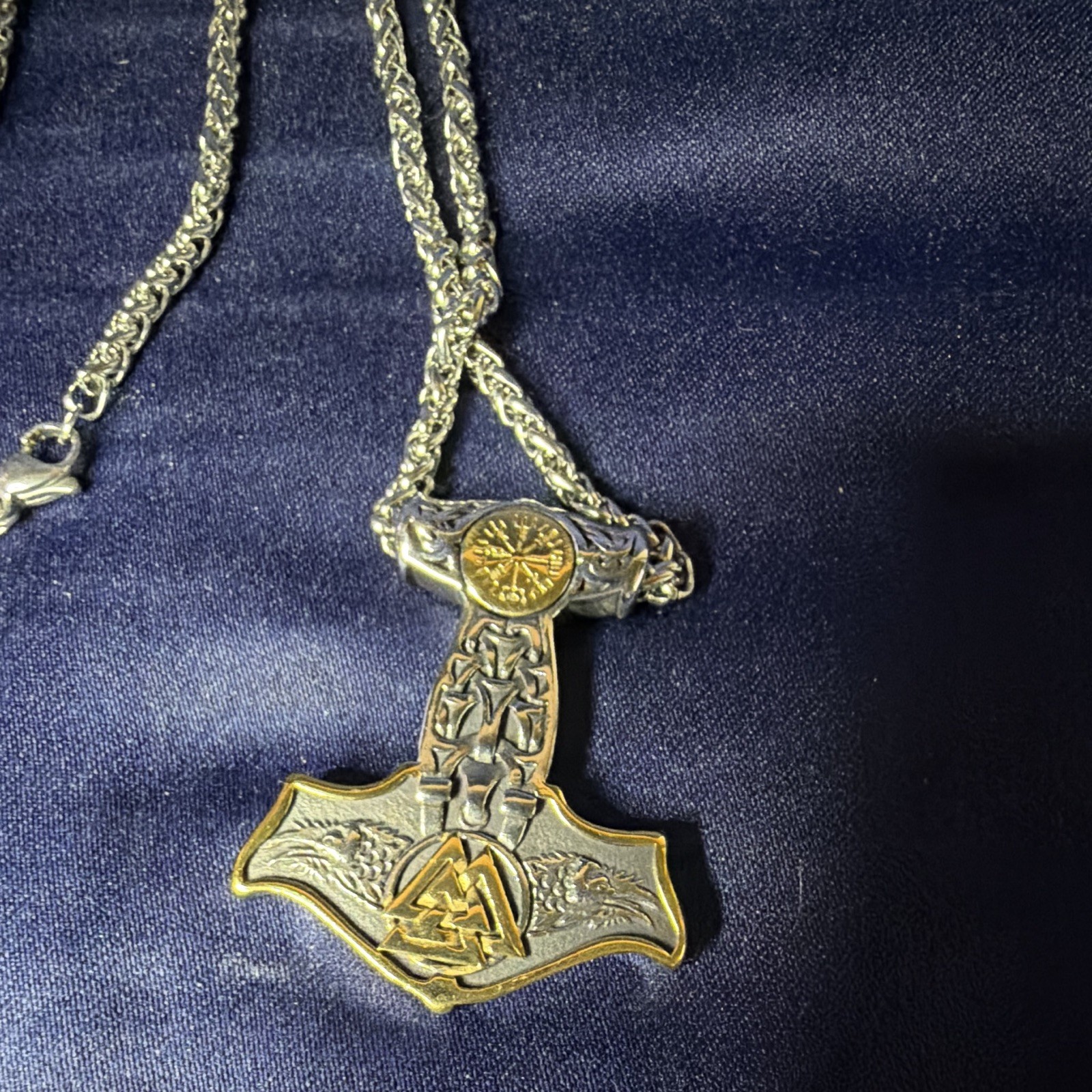 Viking Hammer Charm Pendant Necklace Silver/Gold Tone Rope Chain Lobster Clasp