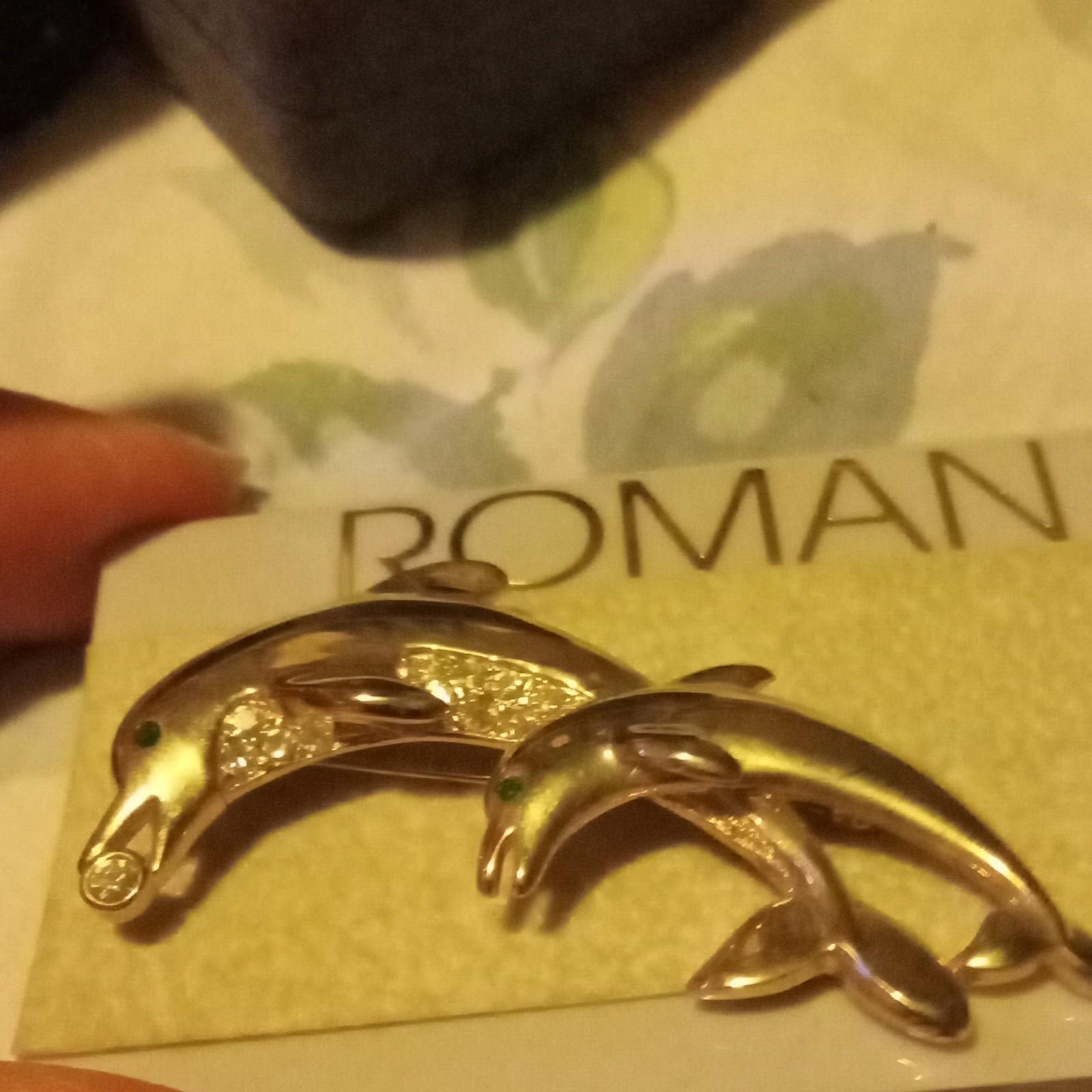 Vintage Roman Gold Tone Dolphin Brooch Pin Clear Round Rhinestone Eye Signed