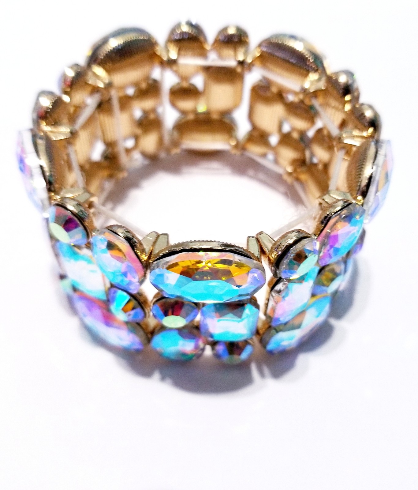 Iridescent Gold Rhinestone Stretch Bracelet Statement Drag Pageant Prom Bridal