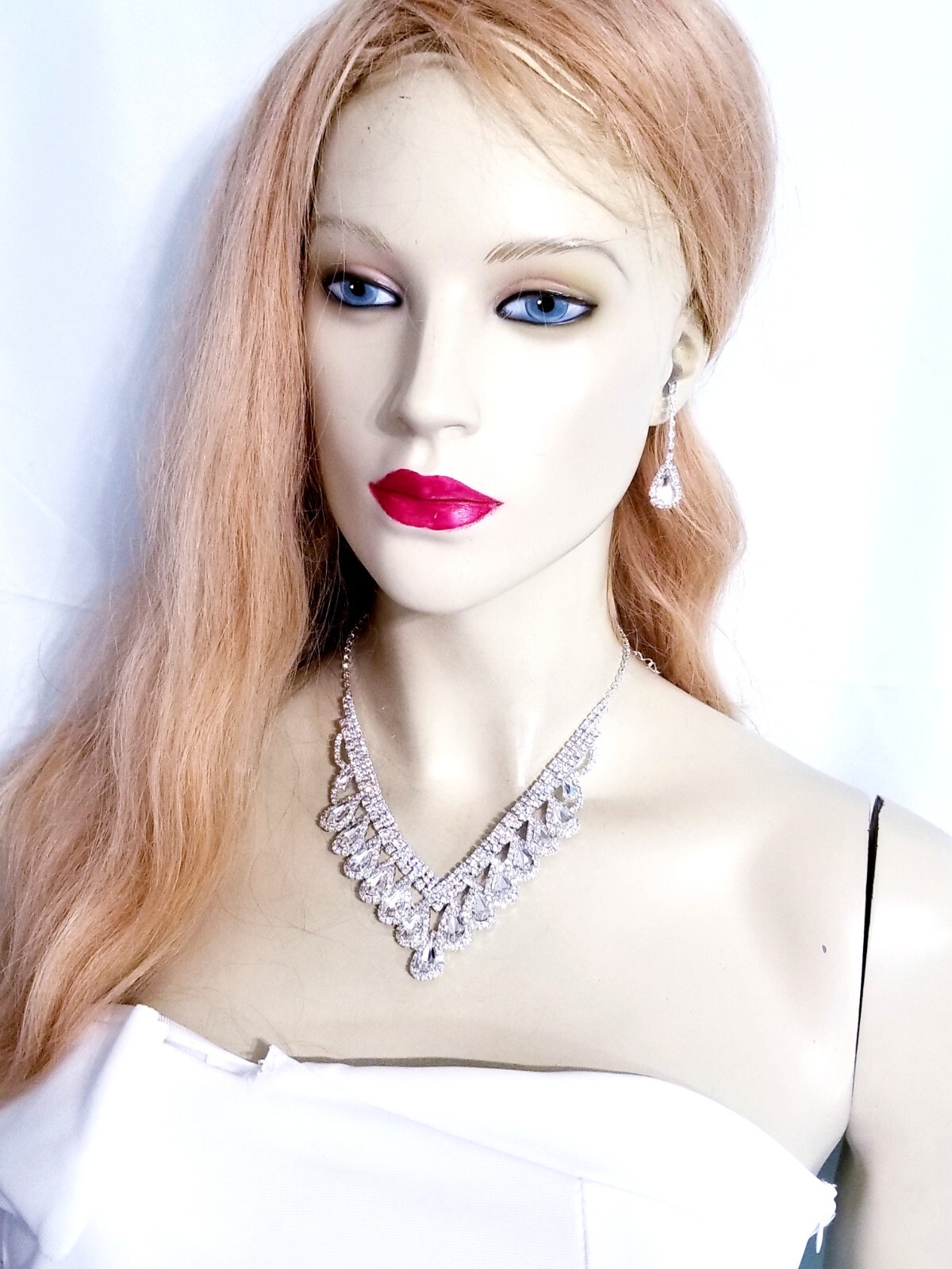 Clear Rhinestone Necklace Earring Set Bridal Prom Pageant Statement Drag Queen