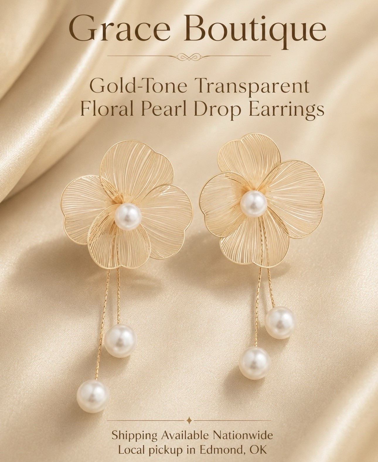 Grace Boutique Gold Tone Flower Hoop Dangle Earrings Pearl Crystal Hinged
