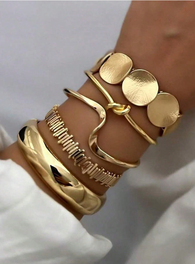 5pcs Vintage Gold Geometric Metal Bracelet Set Luxury Bangle Jewelry Women