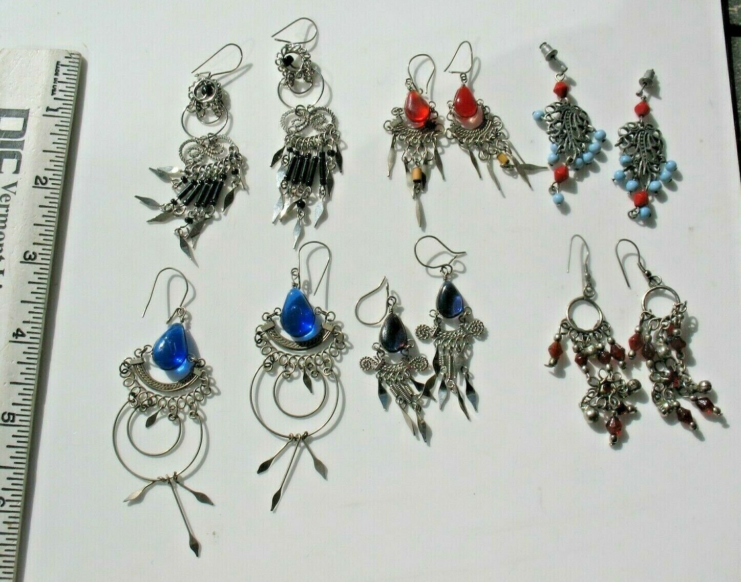 6 Pairs Chandelier Dangle Drop Pierced Earrings Vintage Handmade Silver Glass