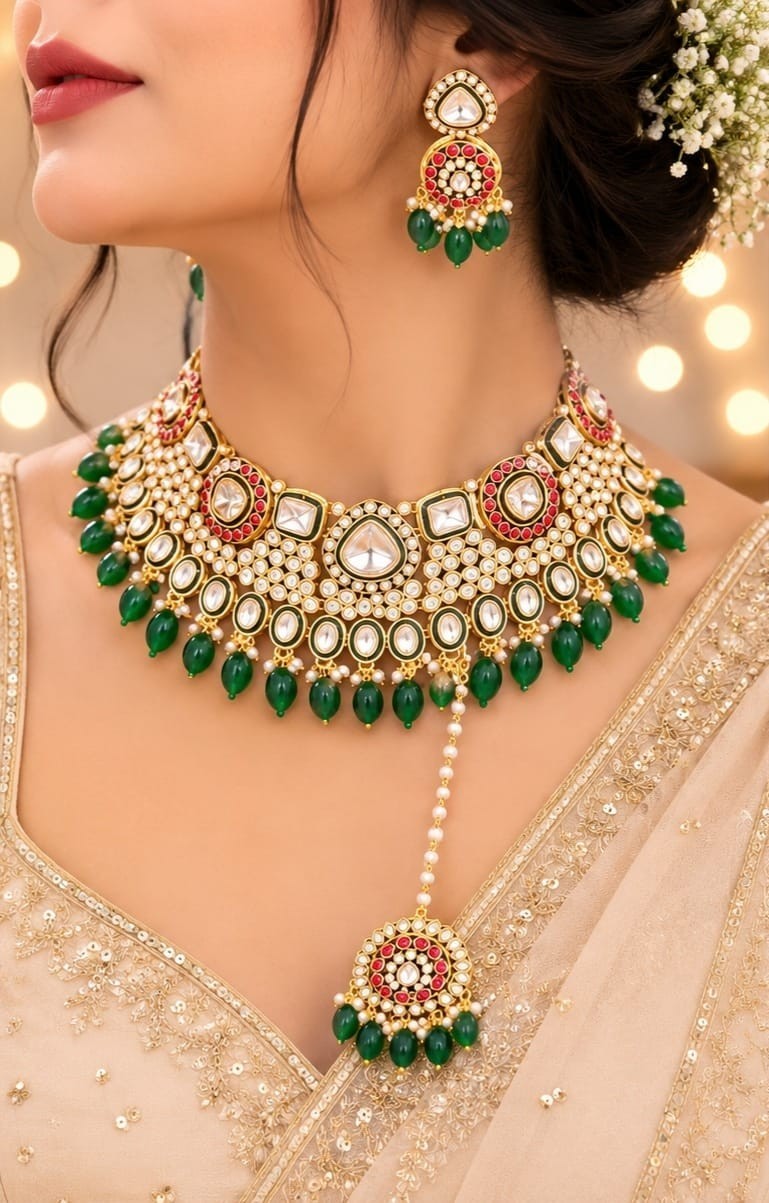 Traditional Kundan Pearl Choker Set Green Beads Earring With Tika for Women