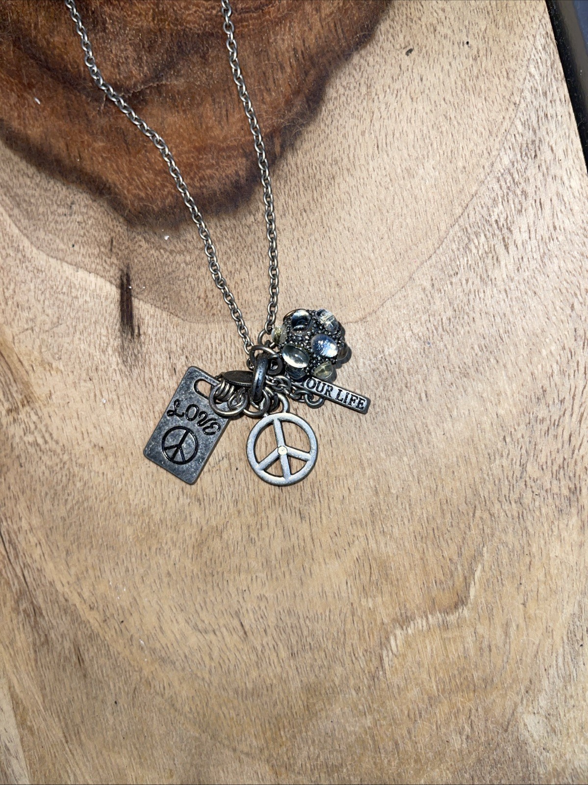 Pendant Necklace Boho Peace, Love Life, Love & Crystal Charms Silver Tone Aeo