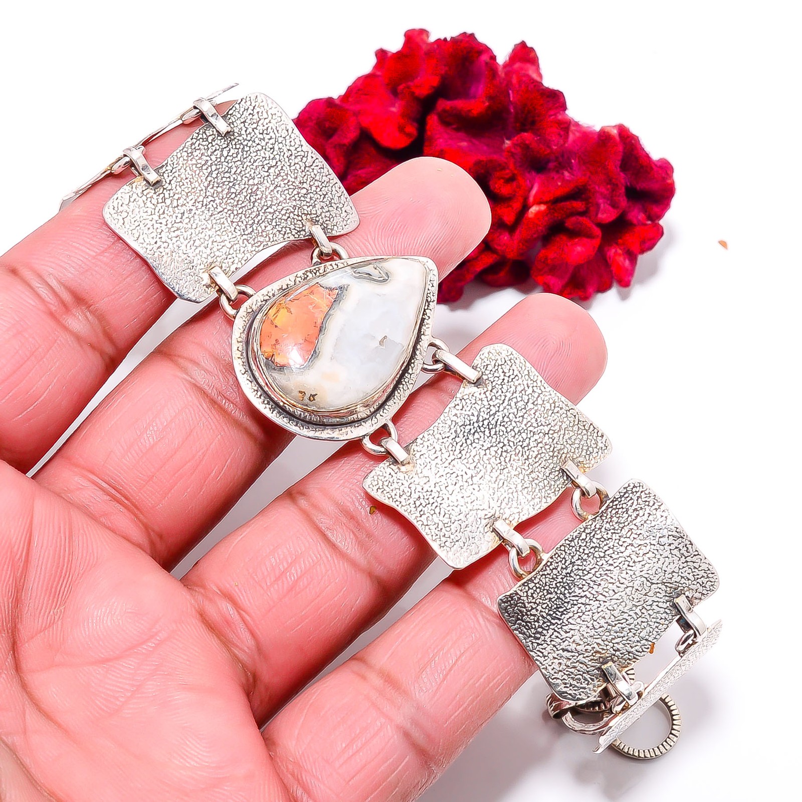 Malingano Jasper – Indonesia 925 Sterling Textured Silver Bracelet 8.99″ B84326
