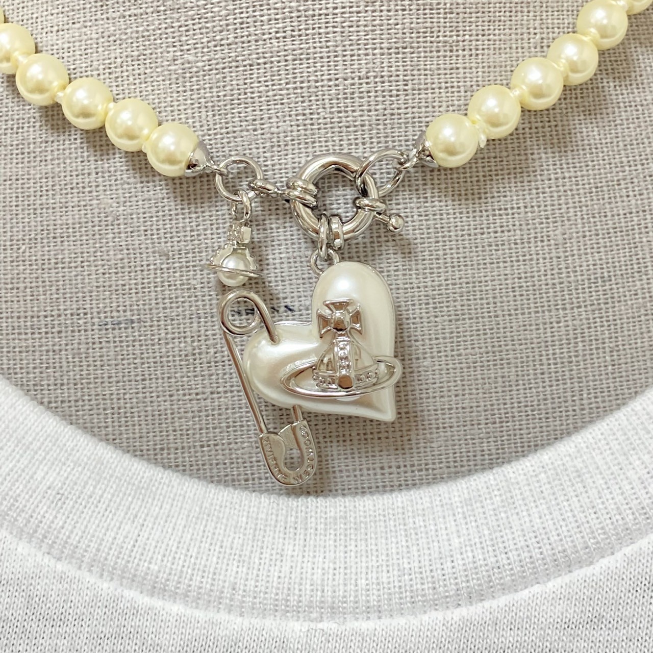 Vivienne Westwood Necklace ORIETTA Pearl Heart Safety pin Silver 40cm NO BOX