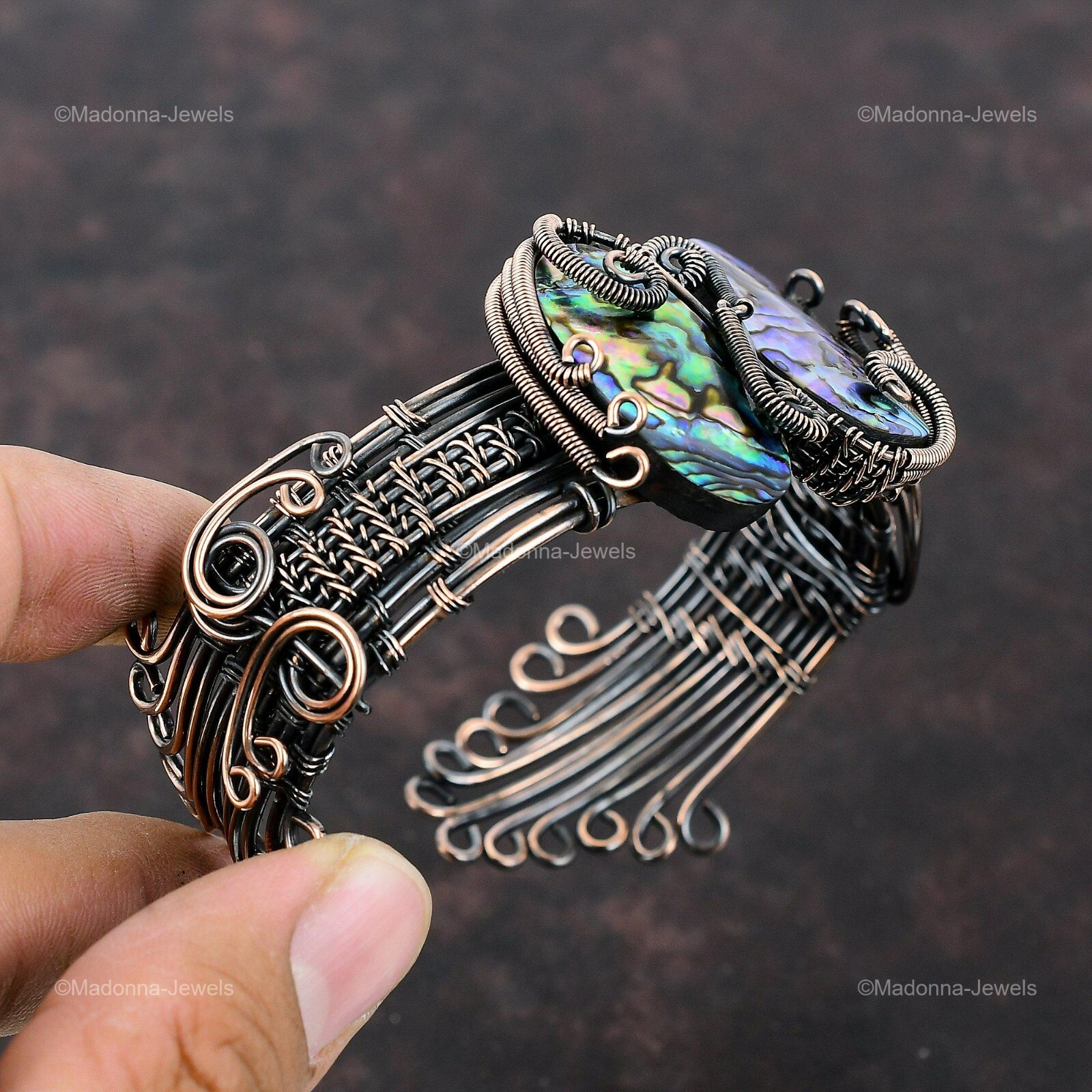 Abalone Shell Jewelry Copper Gift For Mum Wire Wrapped Cuff Adjustable Bangle