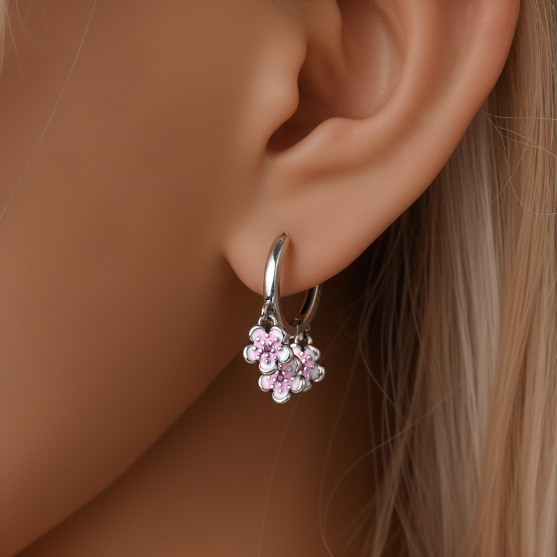 PANDACH 925 Sterling Silver Pink Cherry Blossom Dangle Earrings For Women Hoops