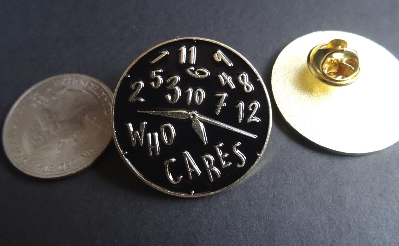 Who Cares Clock Always Late Funny Metal Pin Badge Brooch Enamel