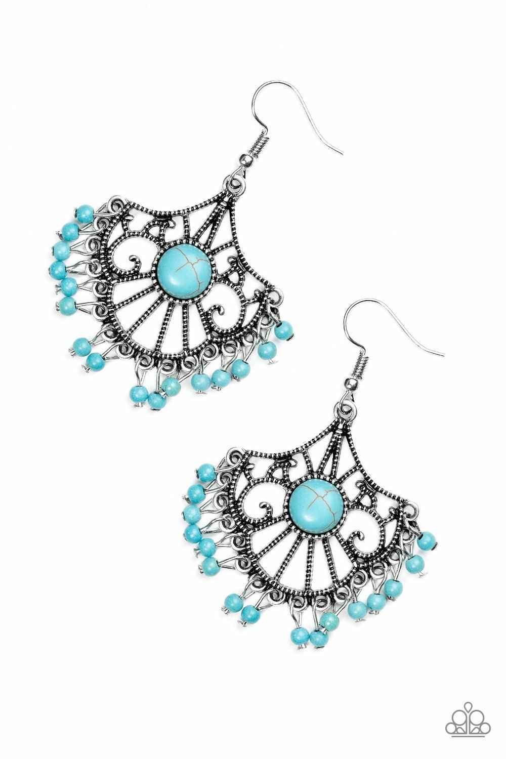 Stone Lagoon Blue Stone Pressed into ornate frame textured Paparazzi Earring
