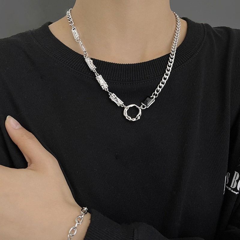 Silver Titanium Mixed Link Necklace Square Black Zirconia Clasp Unisex Jewelry