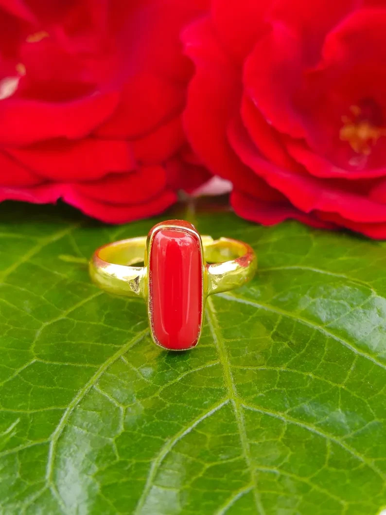 Natural Deep Sea Coral Ring | Capsule Red Coral, Panchdhatu Adjustable Band