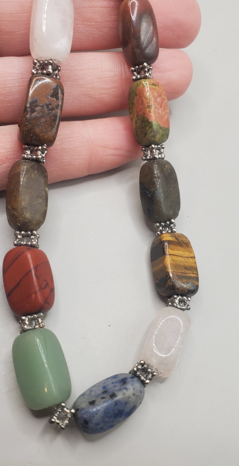 Multi Polished Natural Gemstone Necklace Green & Orange Jade, Tigers Eye, Quartz
