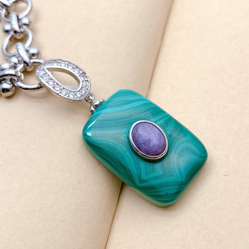 Natural Rectangle Pendant Handmade Chain Necklace Malachite Charoite Jewelry