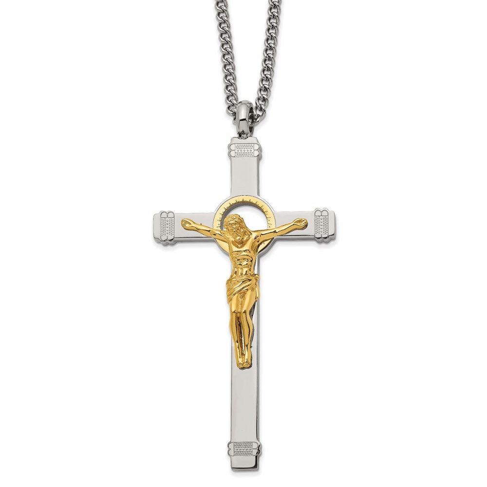 Chisel Unisex Necklace Stainless Steel Polished Yellow IP Crucifix, 24 inch