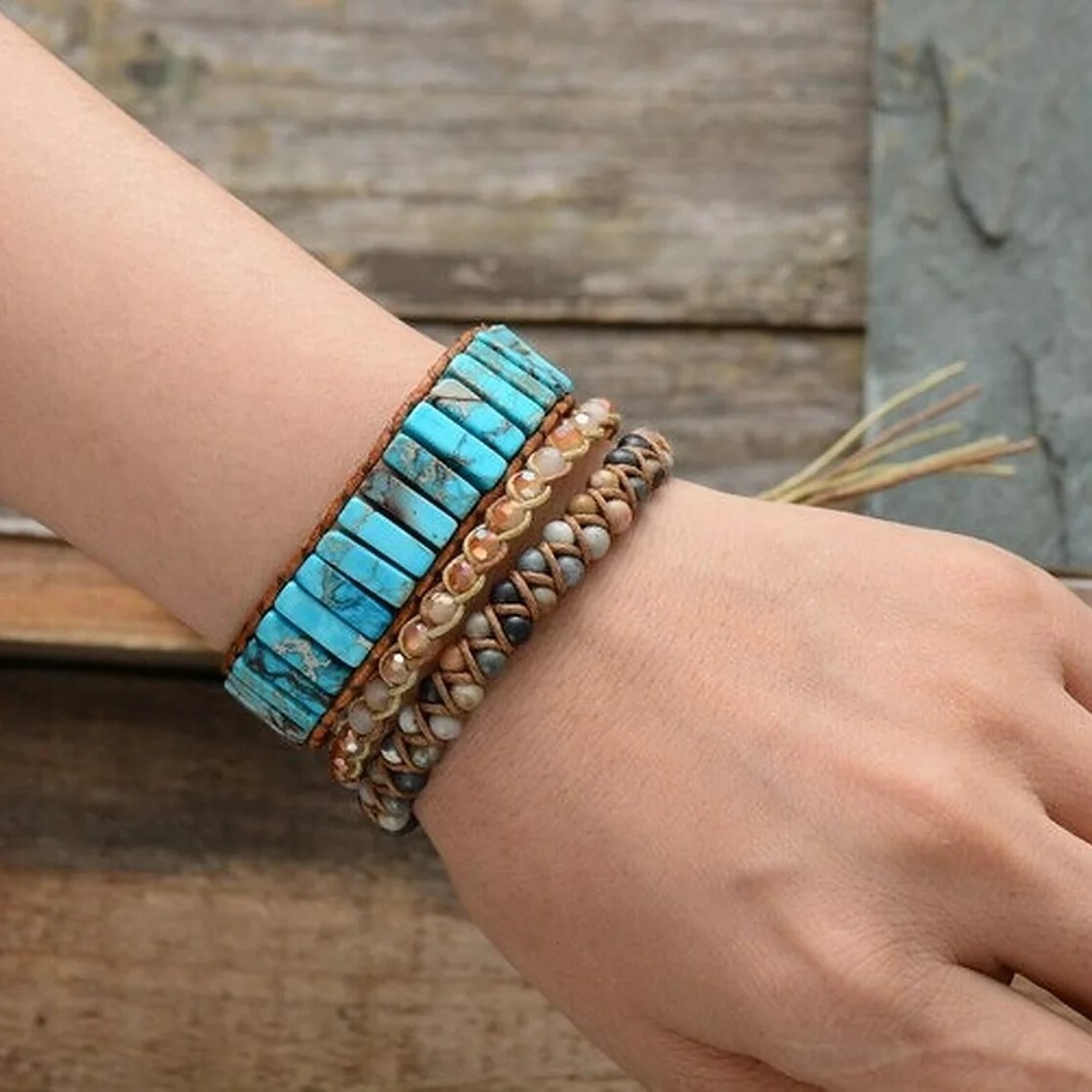 Natural Turquoise Leather Boho Handmade Healing Meditation Women Wrap Bracelet