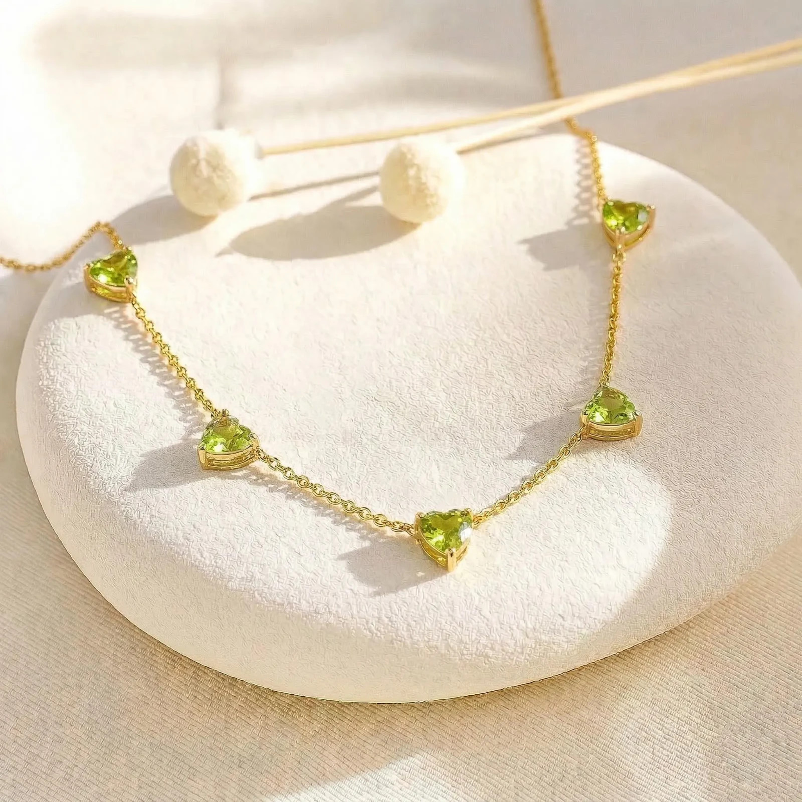 Heart Cut Natural Peridot Station Necklace for Women, Dainty Gold Chain Necklace