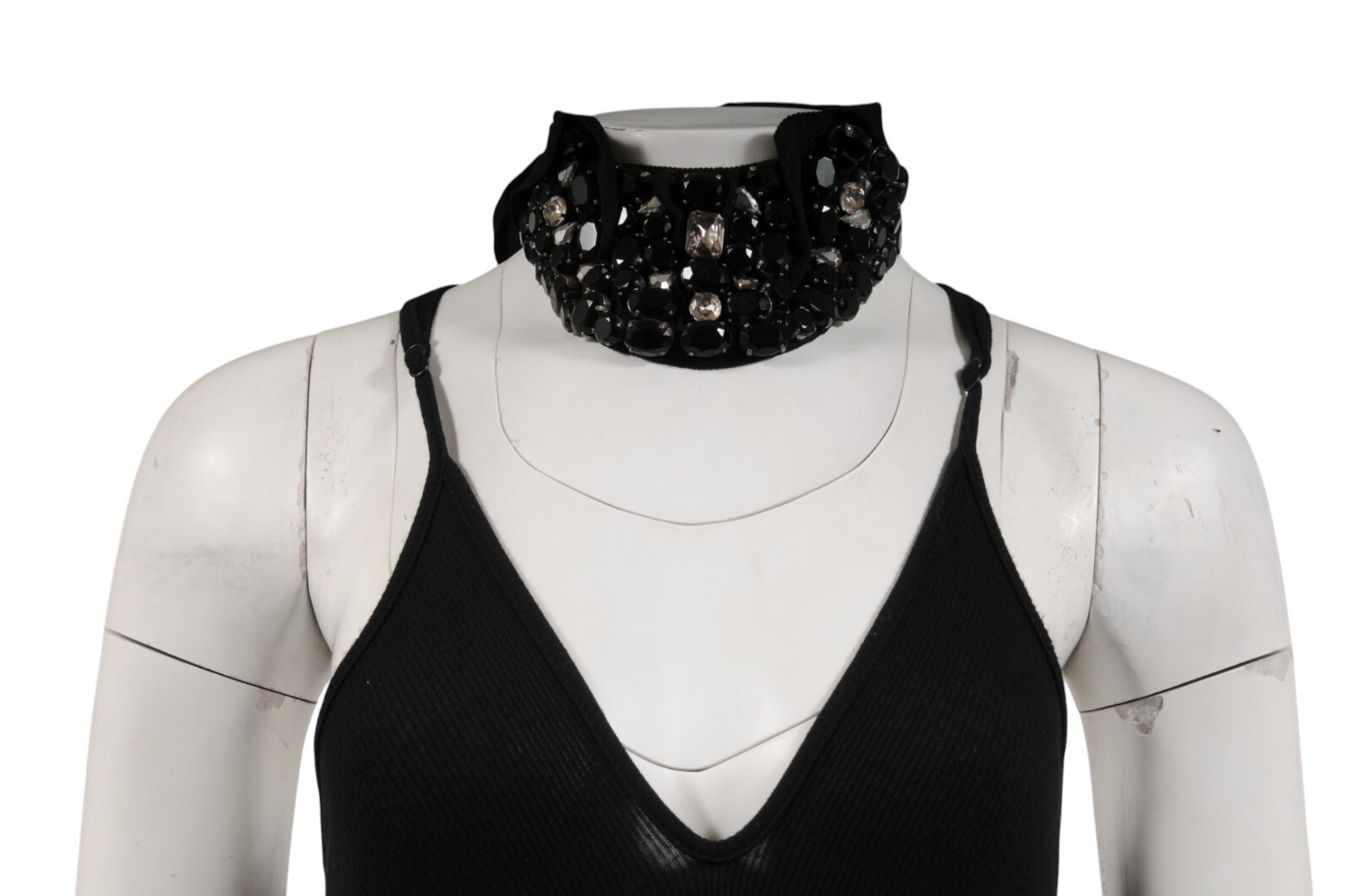 Lanvin Womens Choker Necklace Ribbon Chain Black Silver Crystals Alber Elbaz
