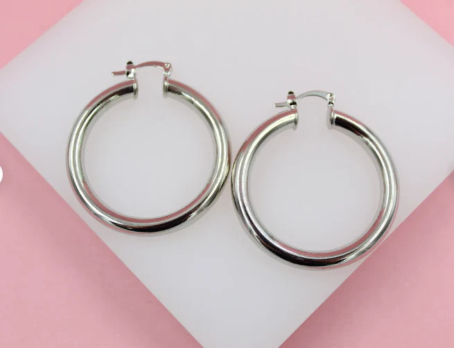 18K Rhodium Filled 5mm Latch Back Wide Hoop Earrings (J11-13)
