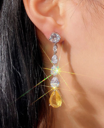 Long Yellow Oblong Rhinestone Earrings Clear Crystal Prom Pageant 2.5 ” Drop