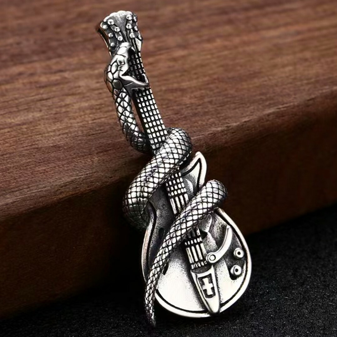 Silver Snake Guitar Pendant Necklace Men’s Punk Rock Jewelry Chain 24″ Gift