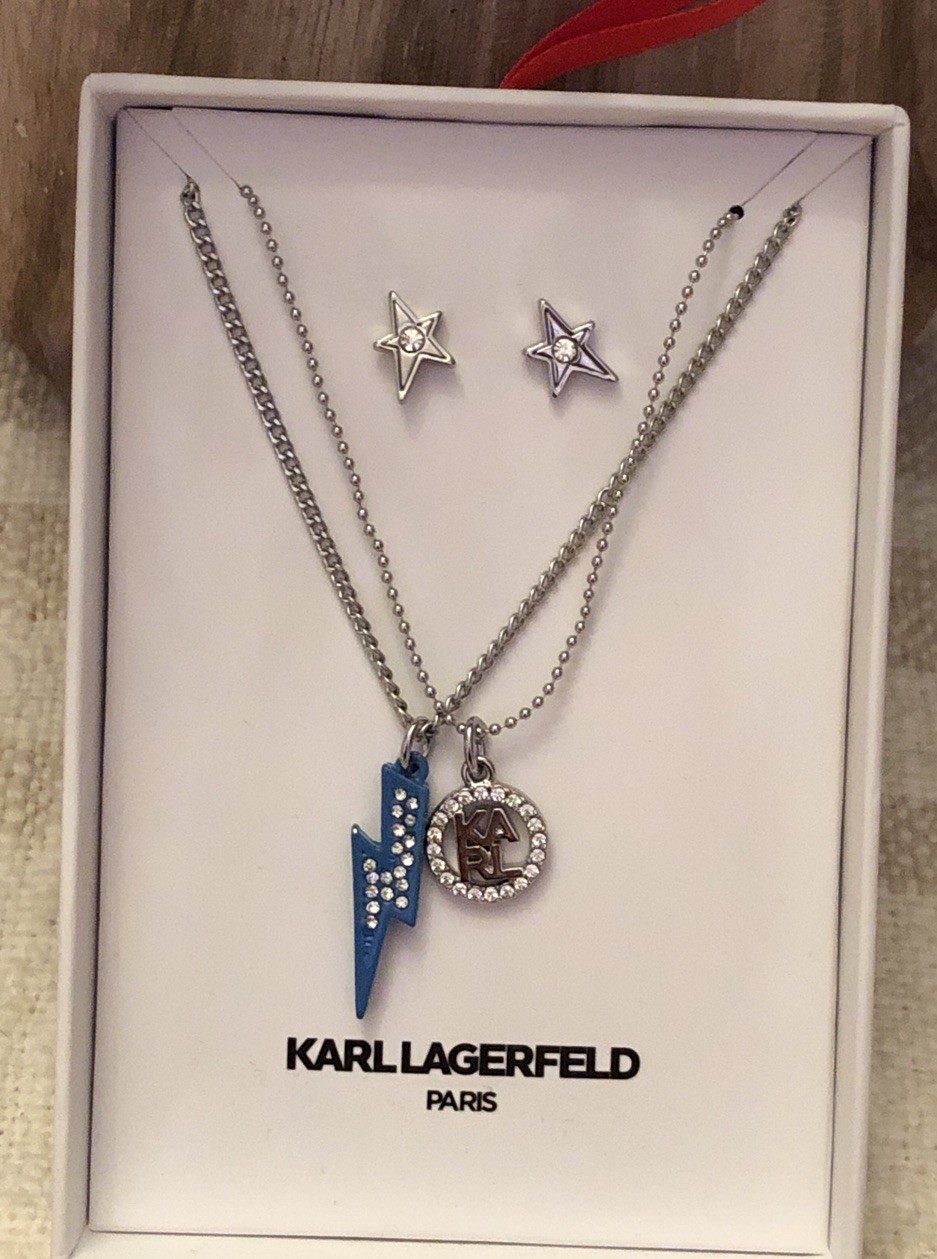 Karl Lagerfeld Lightning Bolt & Karl Layered Necklace & Star Stud Earrings NIB