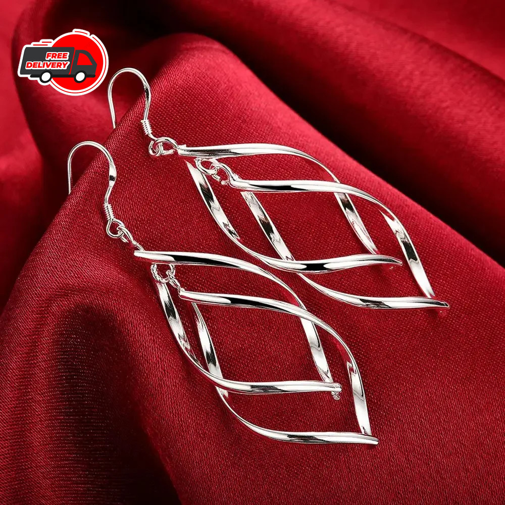Womens 925 Sterling Solid Silver Twist Spiral Long Drop Dangle Charm Earrings