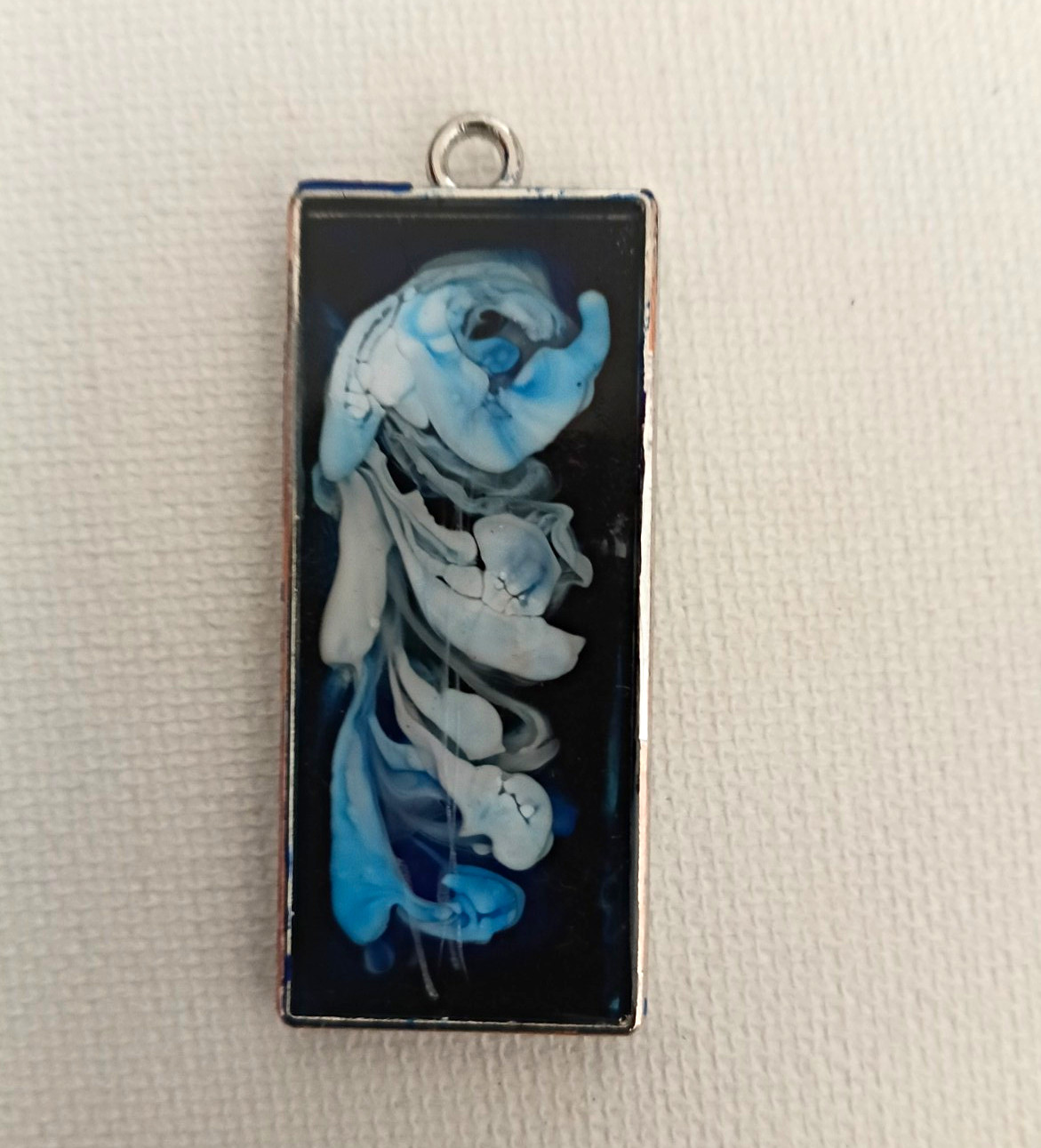 Silver Tone Rectangle Floral Pendant, Bezel Set, Black w/ Blue & White Flowers