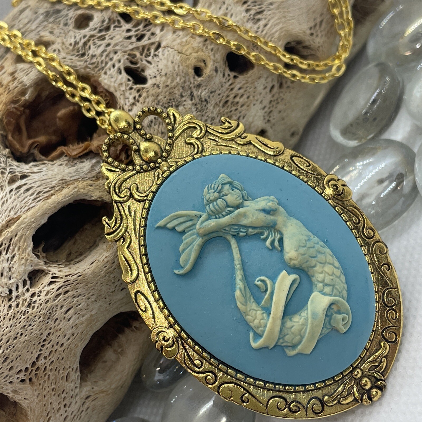 Mermaid Beach BFF Sister Sea Goddess WEDDING Siren Cameo Necklace Teal Gold New