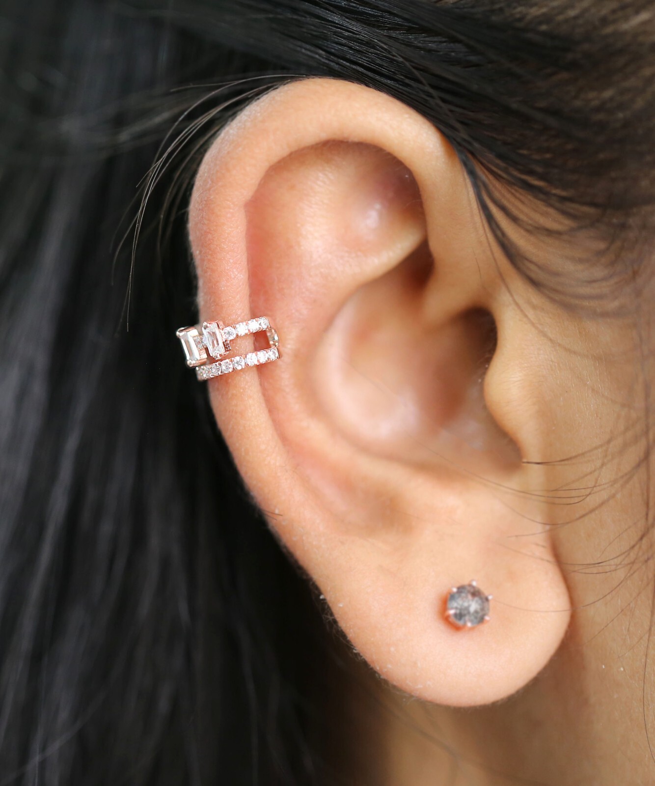 Natural Round /Baguette Diamond Ear Cuff 14K Rose White Yellow Gold KD1085