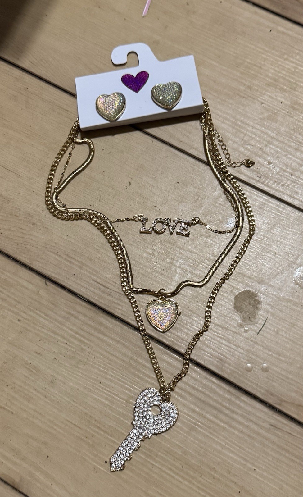 Gold Tone Cable Chain Layered Necklace Heart Key LOVE Charm Pendant, No Stone