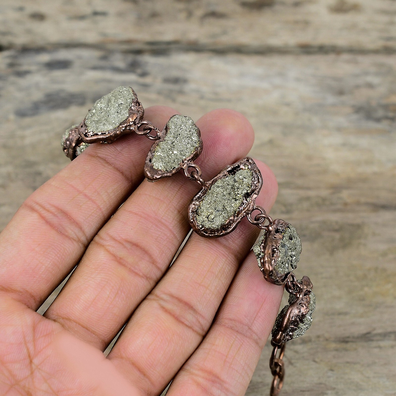 Pyrite Rough Copper Love Gift Electroformed Chain Adjustable Bracelet 6.0″
