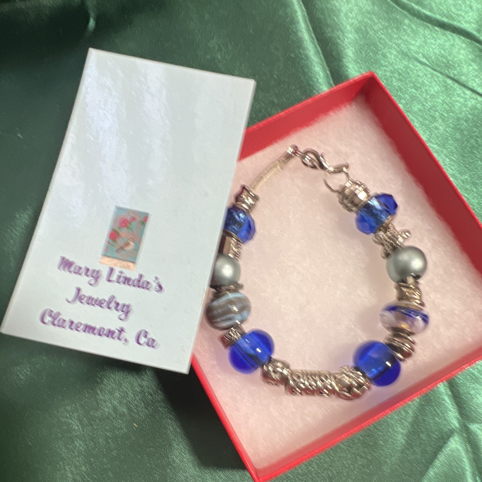 Blue Gray Glass Beaded Charm Bracelet Silver-Tone Lobster Clasp Round Beads