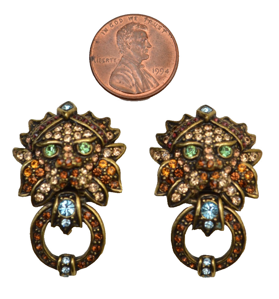 HEIDI DAUS Clip On Earrings Door Knocker Crystals Lion Hearted Rhinestones