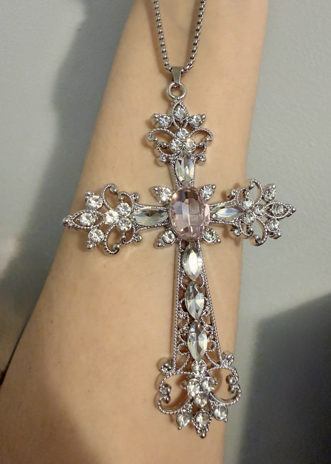 Silver Tone Cross Necklace Chain Religious Gothic Grunch Whimsgoth Victorian