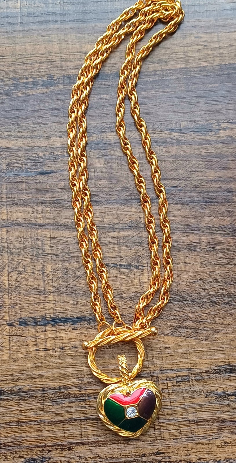 Vtg Ivana Trump Enamel Crystal Heart Pendant Goldplated Statement Necklace