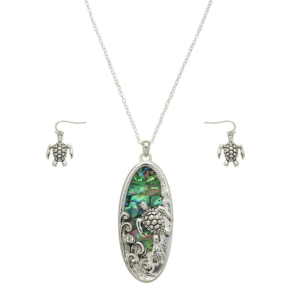 Pendant Earrings + 23″ Chain Necklace Silver Abalone Shell Sea Turtle Nautical