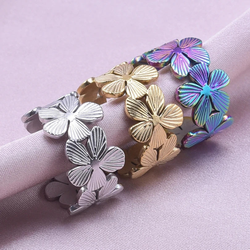 2PCS Stainless Steel Ring Leaf Water Droplet Adjustable Gold Plated Jewelry