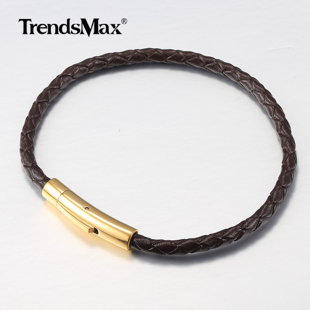 4/6mm Red/Brown/Black Braided Leather Rope Bracelet Stainless Steel Gold Clasp