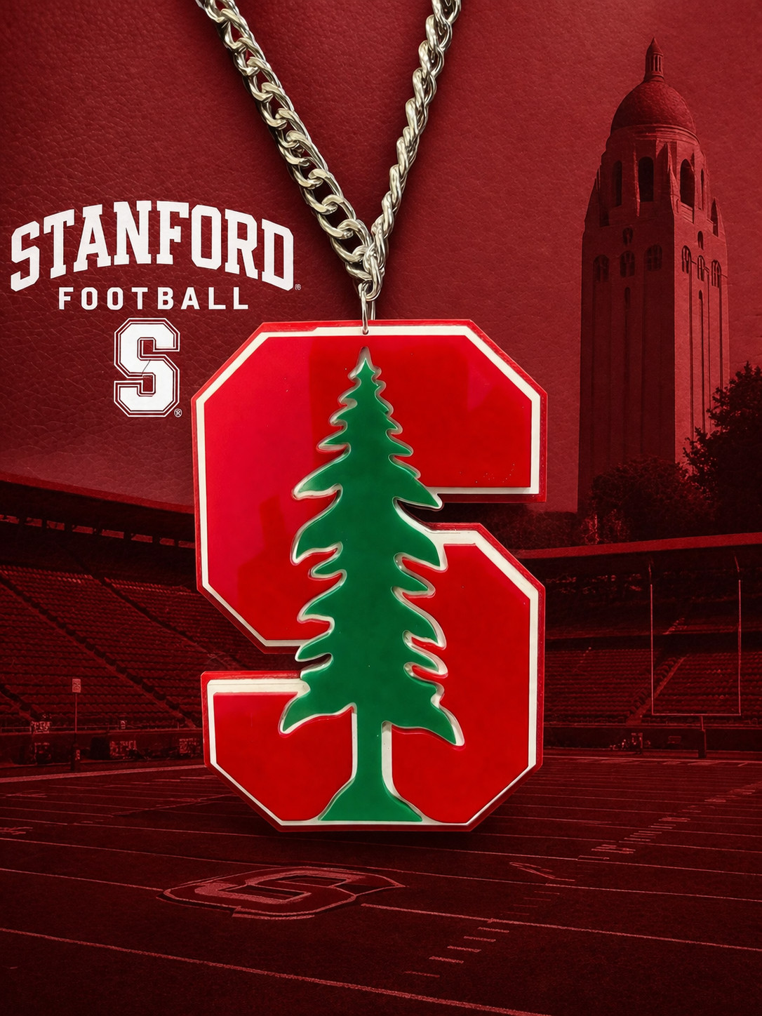 Stanford Cardinal Tree Acrylic Fan Chain Necklace Red Green Silver Pendant