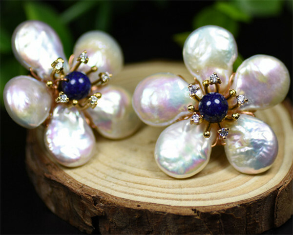 925 Silver Stud Earrings Natural Freshwater Petal Pearl Lapis Handmade Earrings