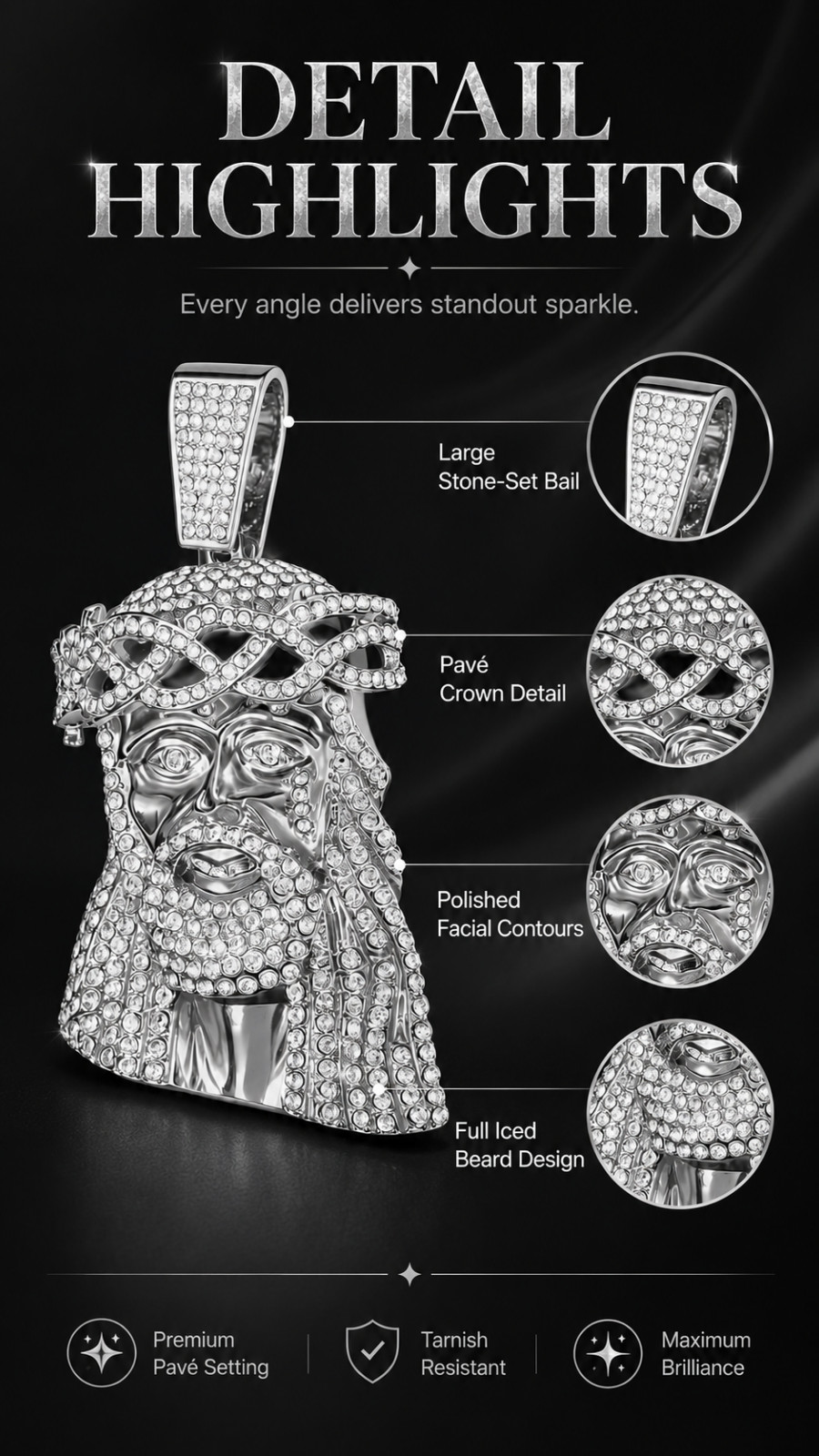 Iced Out Jesus Pendant Necklace Charm, Luxury Silver Tone Faith Inspired Hip Hop
