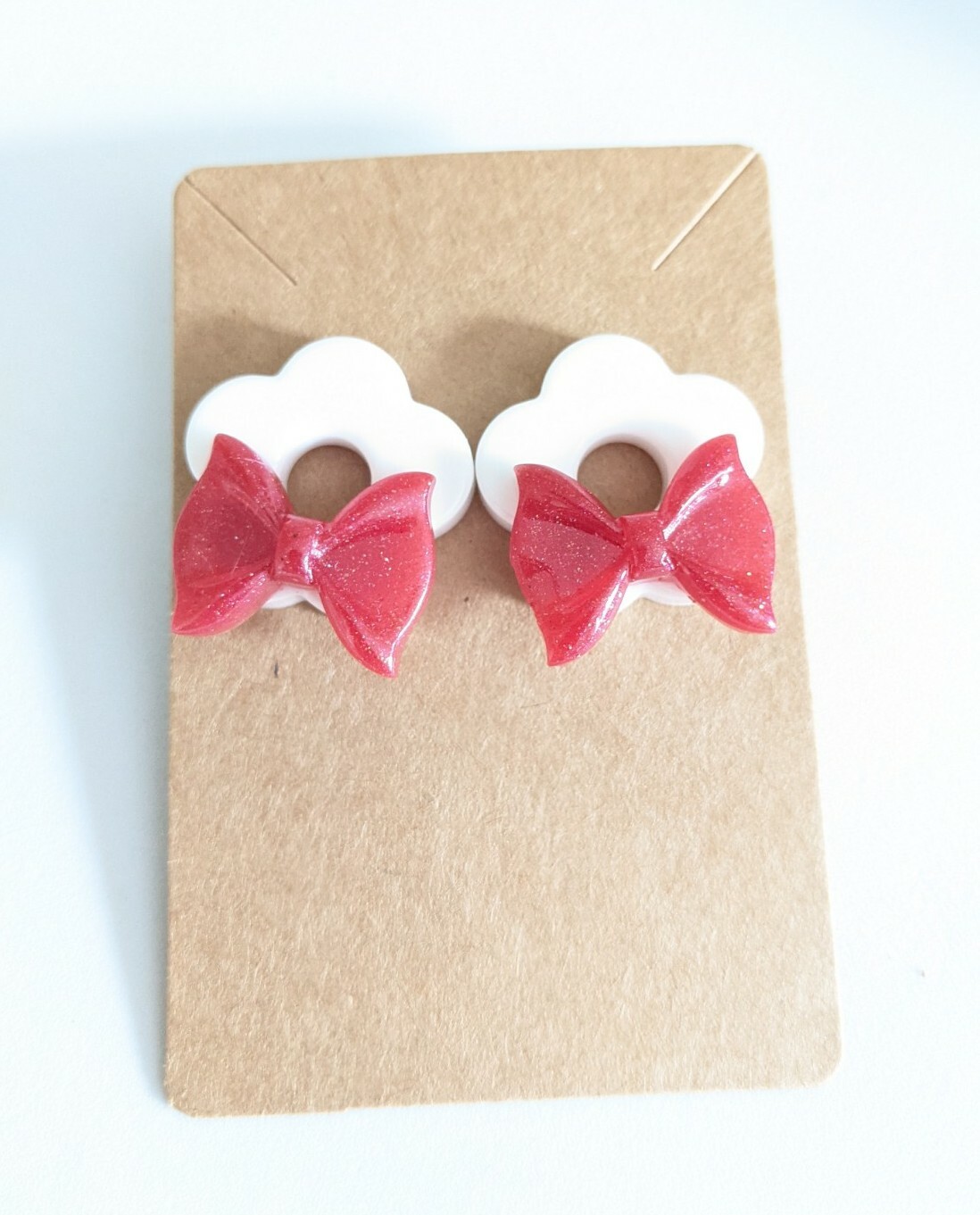 Handmade Epoxy Resin Large Flower Stud Earrings Women Jewelery Gift Red Bow Love