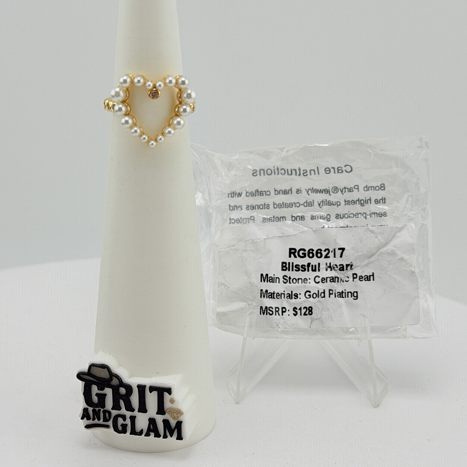 Bomb Party June 2026 Heart Ring Sz 5 “Blissful Heart” Ceramic Pearl Yellow Gold