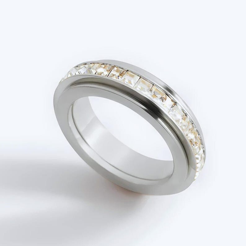 Princess Cut Moissanite Spinner Ring Silver Over Silver Women Wedding Band Gift